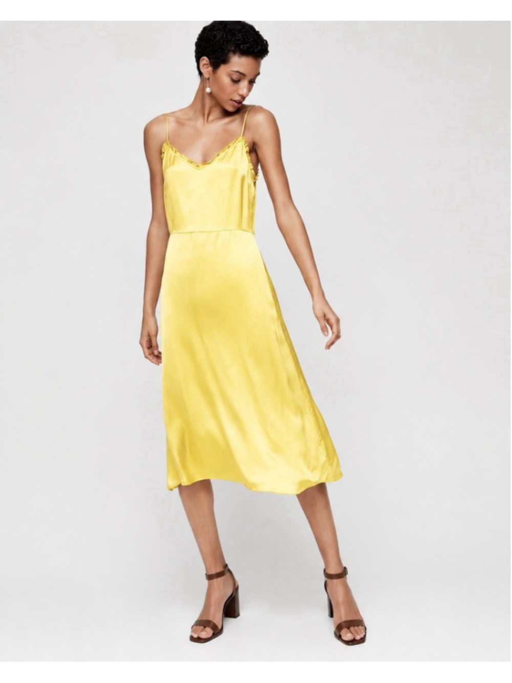 Aritzia Wilfred Millie Satin Cupro Slip Midi Dress Yellow Wedding Guest Size 4